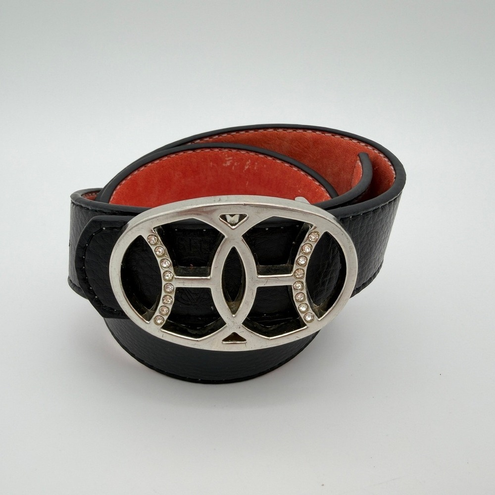 Bali Belts Studio Black Leather Belt Silver Rhinestone Interlocking Buckle Small